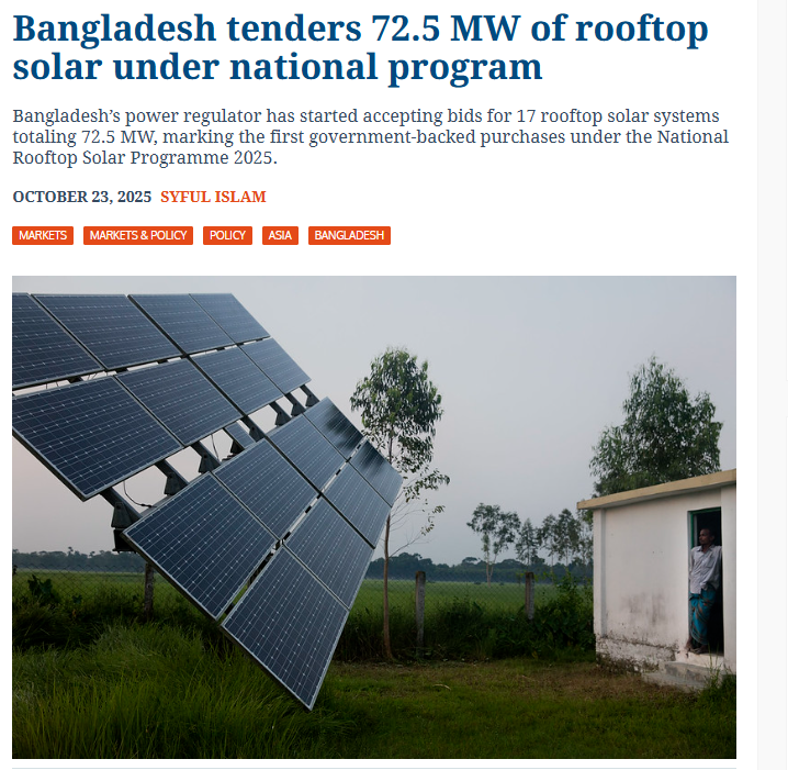 Bangladesh tenders 72.5 MW of rooftop solar under national program